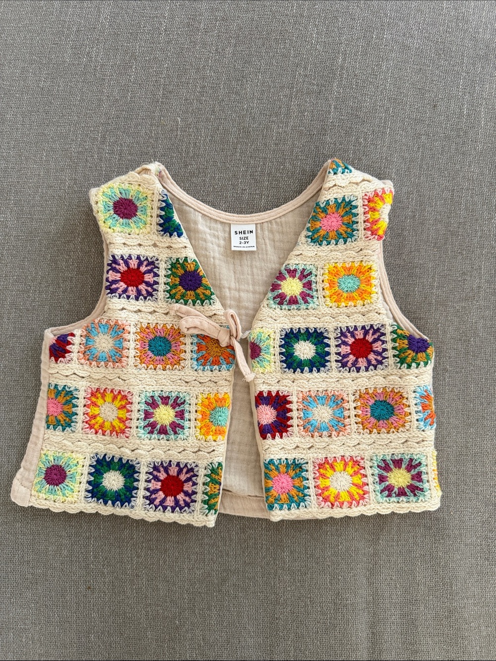 NWOT Colorful Crochet Square Tie-Front Vest